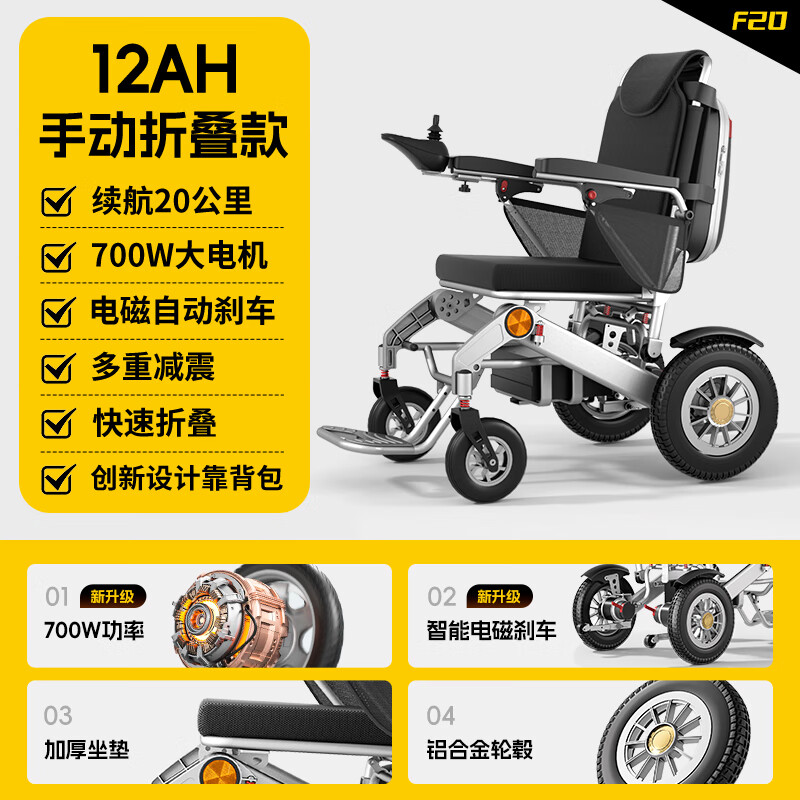 舒伦士电动轮椅老人专用智能全自动轻便折叠出行可躺多功能残疾人轮椅车 标准款｜12AH锂+续航20公里+700W大电机