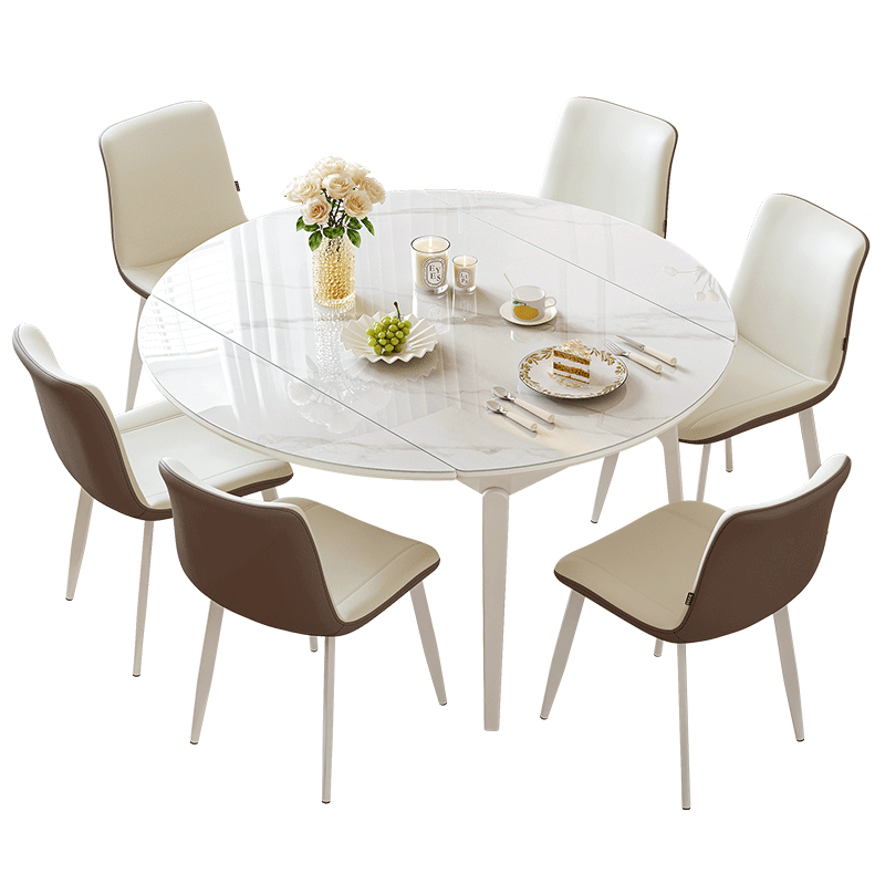 全友家居 多功能餐桌椅组合套装奶油风伸缩实木框架吃饭桌子一桌六椅 210功能圆桌1.3米+280餐椅*6