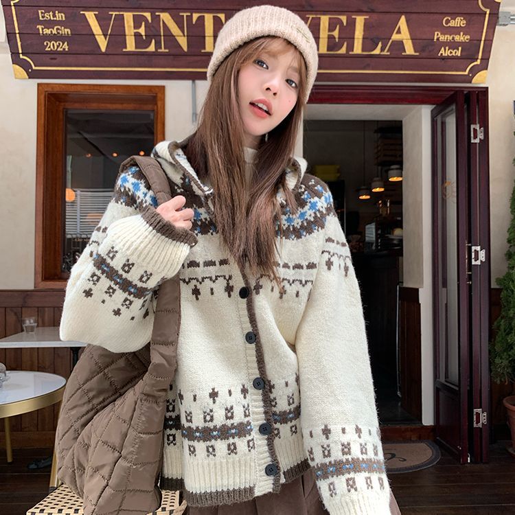 费尔岛2025毛衣冬季宽松复古加厚连帽秋冬针织开衫外套上衣