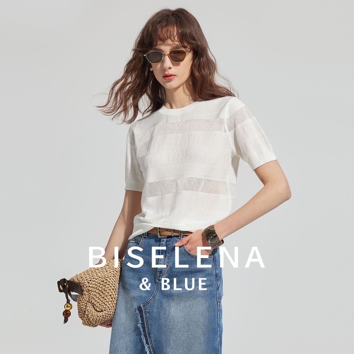 圆领短袖镂空撇纹针织衫夏季短袖针织衫