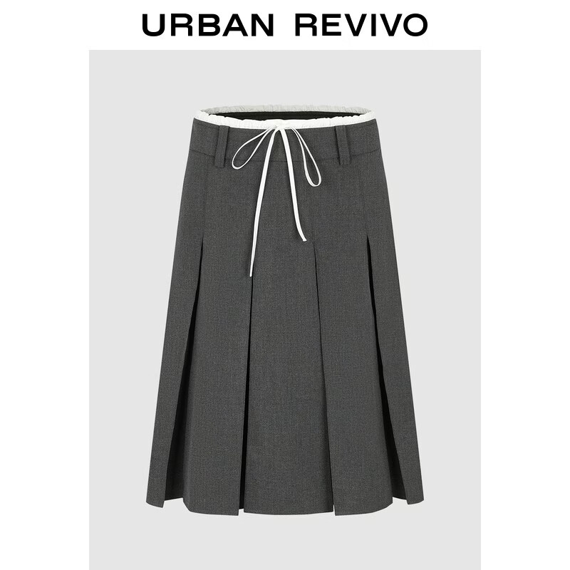 UR2026春季女装休闲学院撞色腰头抽绳百褶半裙UYY560003 中灰 S
