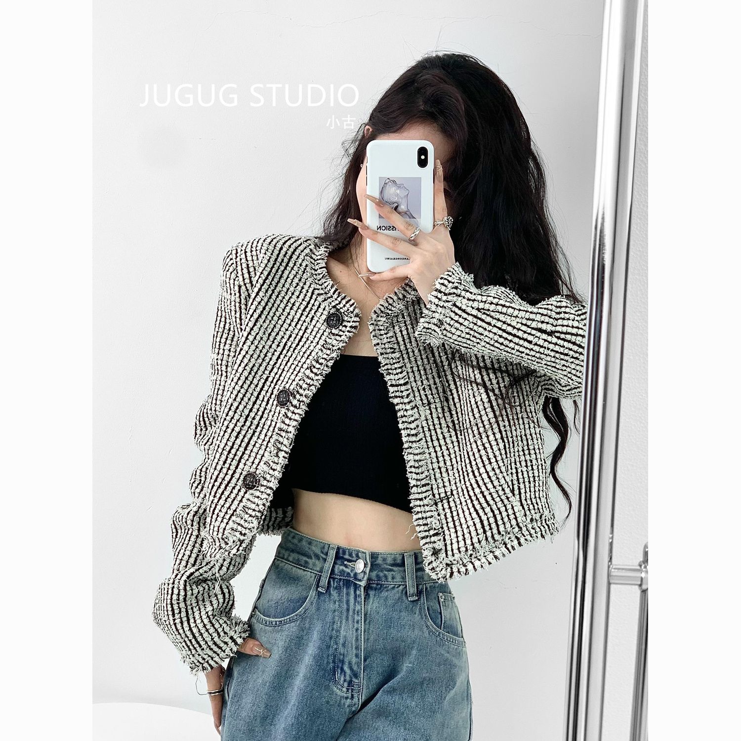 零柒零捌黑色小香风外套女2025春季法式小众气质短款上衣