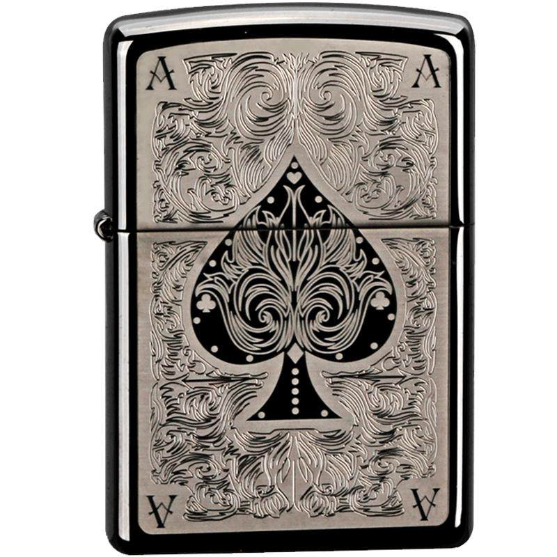 ZIPPO打火机 防风芝宝黑冰雕刻暗花幺点黑桃A送男士