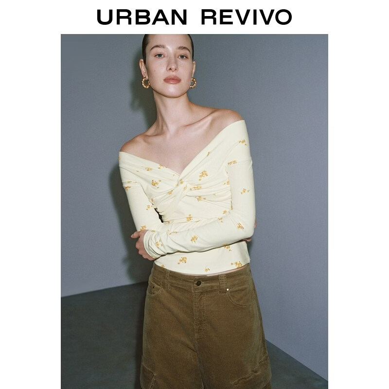 UR2026春季女装休闲一字领碎花扭结短款长袖T恤UWH460010+ 米黄印花 XS
