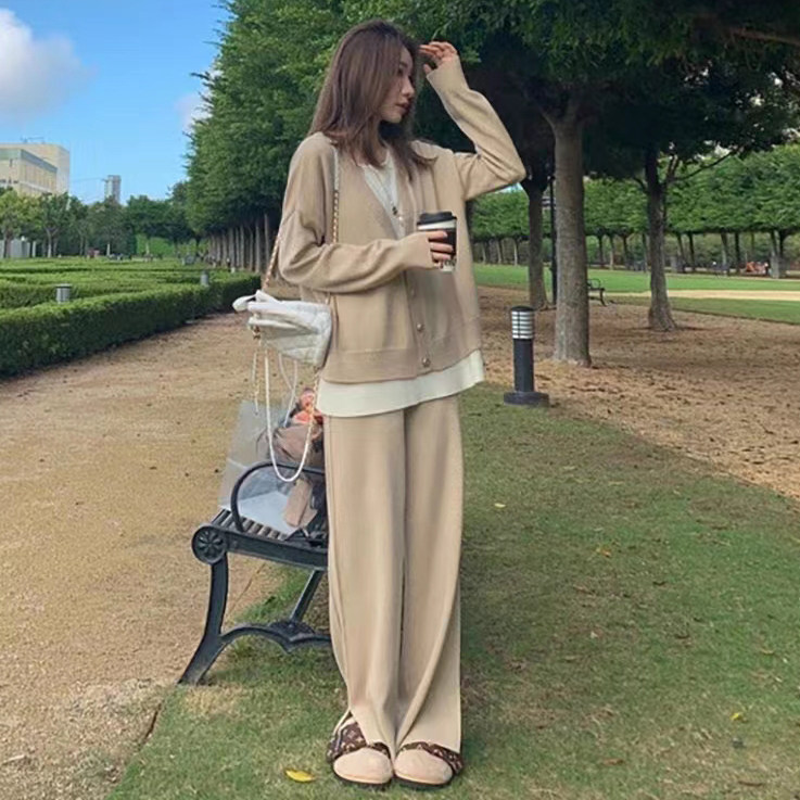 套装时尚洋气时髦卡其色针织宽松遮肚毛衣两件套2025秋冬 XXL