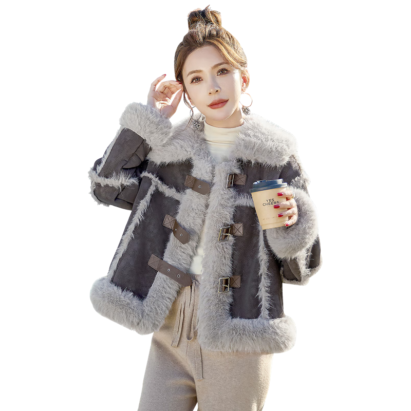 丝柏舍翻领外套2024冬装女装韩版宽松款长袖毛绒拼接皮衣