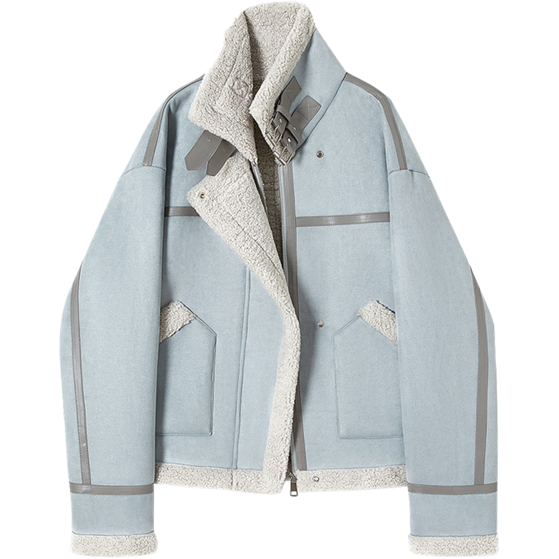 她池加厚机车服外套女2025冬装拼接颗粒绒保暖防风上衣 XL