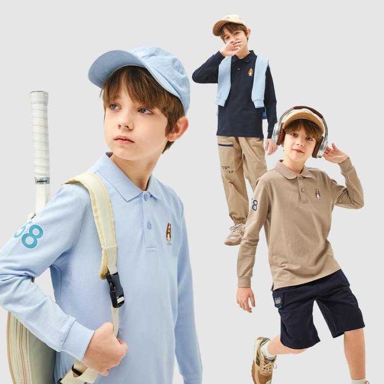 暇步士 童装男童Polo衫春秋大童翻领跑步长袖t恤儿童休闲