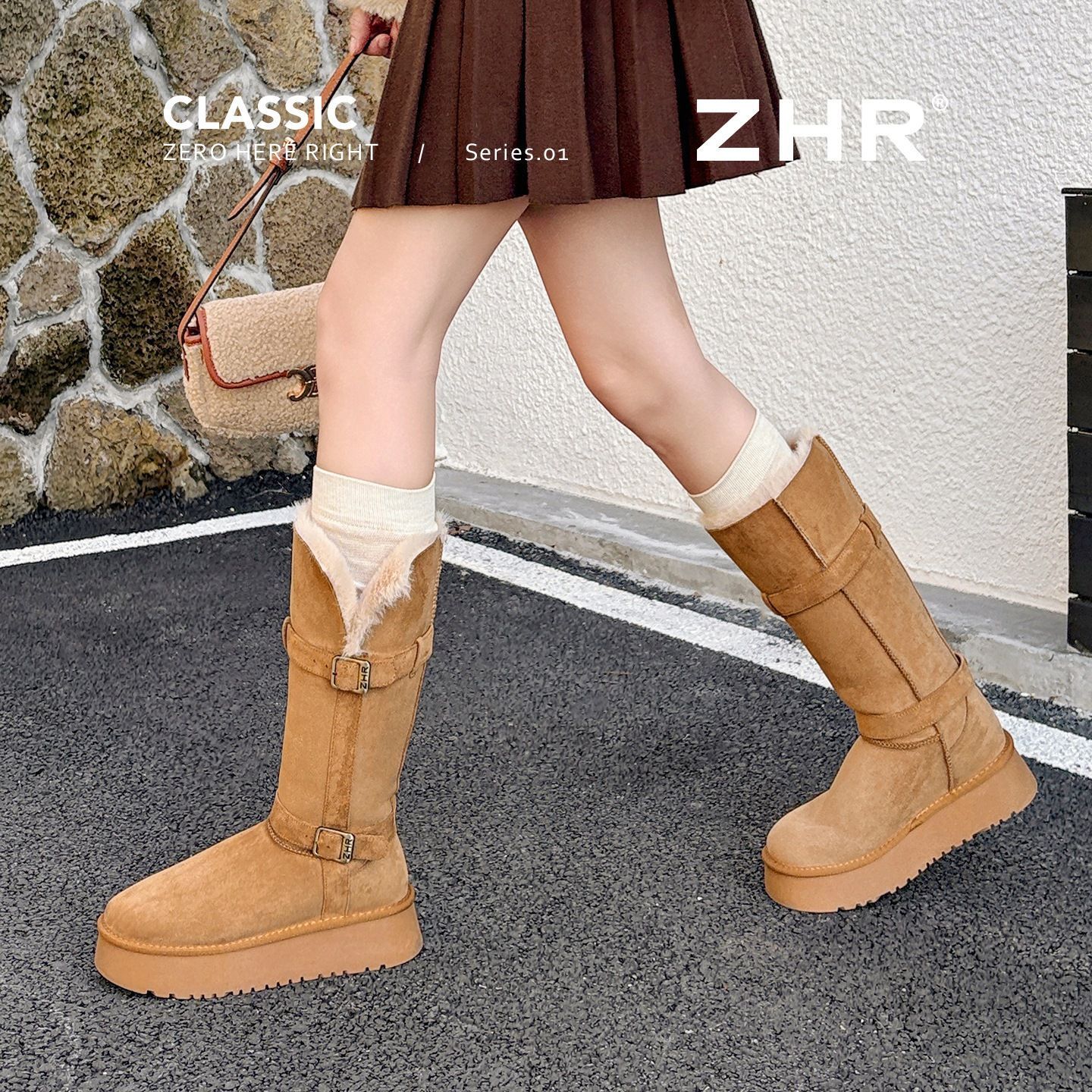 ZHR高筒雪地靴女2025冬季可爱栗色加绒加厚保暖棉鞋中长筒靴