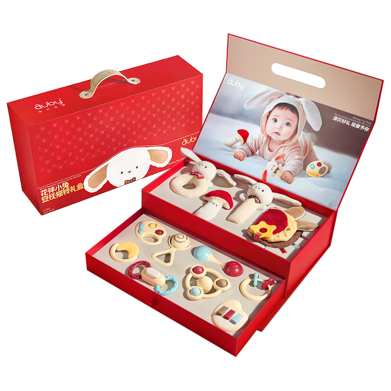 澳贝（auby）婴儿玩具0-6个月新生儿物高档礼盒摇铃小兔安抚玩偶女新年