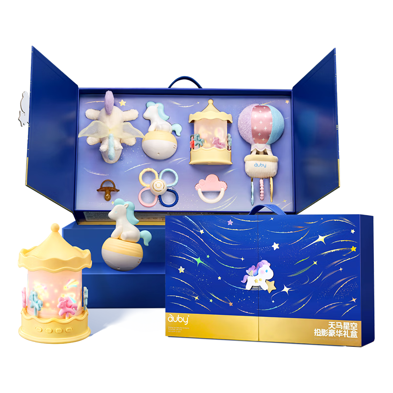 澳贝（auby）婴儿玩具新生儿盒0-1岁高档投影安抚马玩偶牙胶手摇铃新年