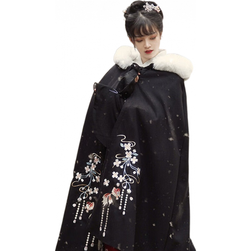 牧兽 原创汉服斗篷女冬季长款毛呢加绒加厚中国风绣花披风大兔毛领 黑色加绒 均码