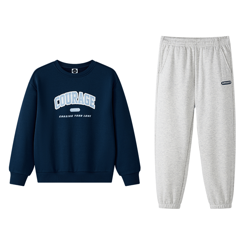 361°童装男女童加厚加绒保暖针织卫衣卫裤冬季新年款通码运动儿童套装 可墨蓝/原色花灰 175cm