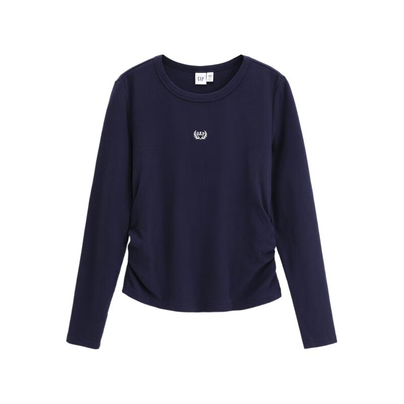 盖璞Gap女装2025秋季新款logo刺绣修身抽褶长袖T恤休闲上衣834688 海军蓝