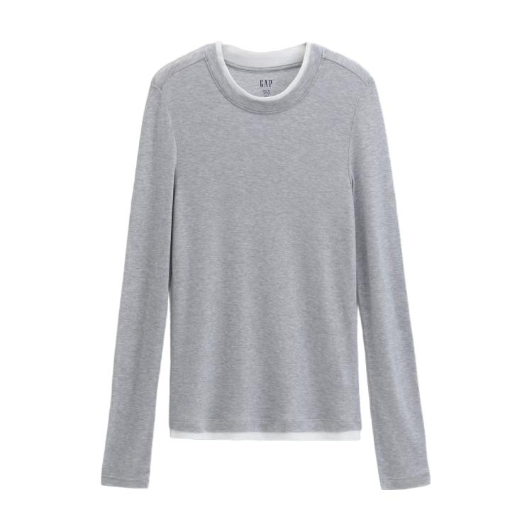 盖璞 Gap女装2025秋季款莱赛尔混纺撞色假两件圆领修身长袖T恤792656