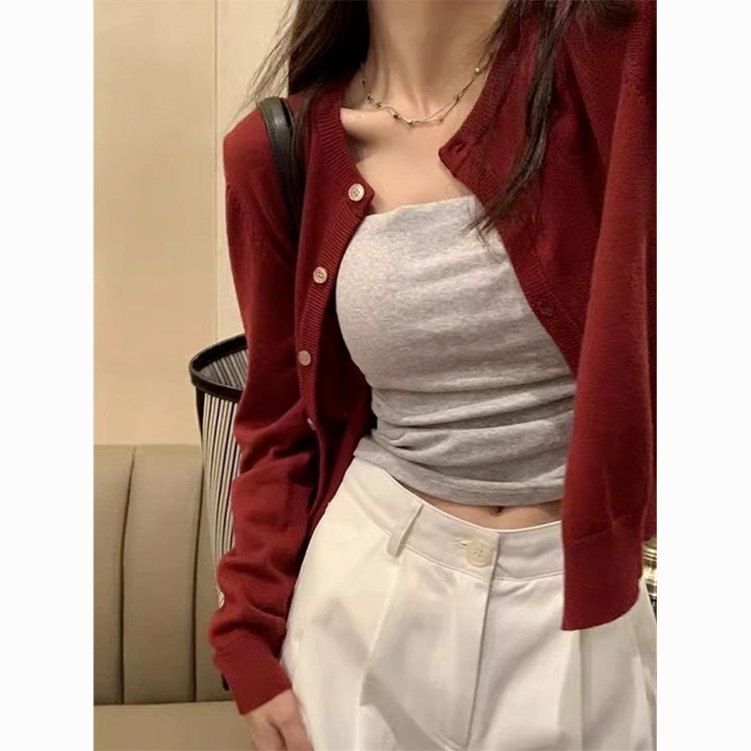 红色针织开衫早初秋女装2025外搭短款毛衣外套长袖打底衫潮