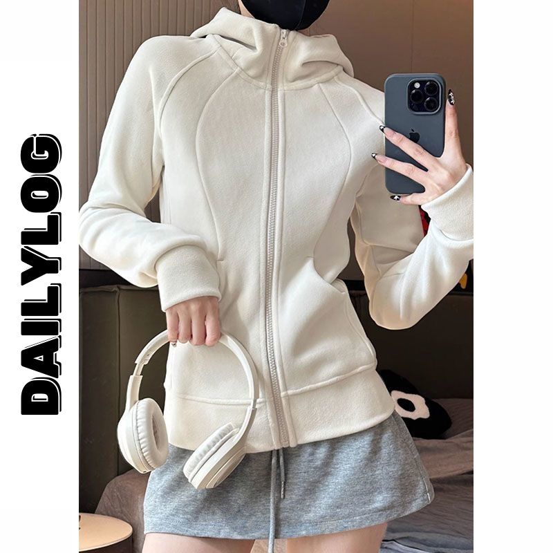甜酷运动风连帽外套女2025秋冬季修身显瘦正肩帽衫卫衣