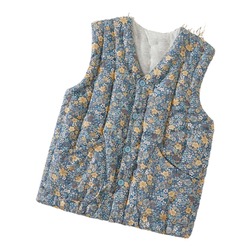 棉花咏手工纯棉花马甲成人冬季加厚保暖背心女士居家内胆纯棉内穿棉坎肩 蓝底黄花