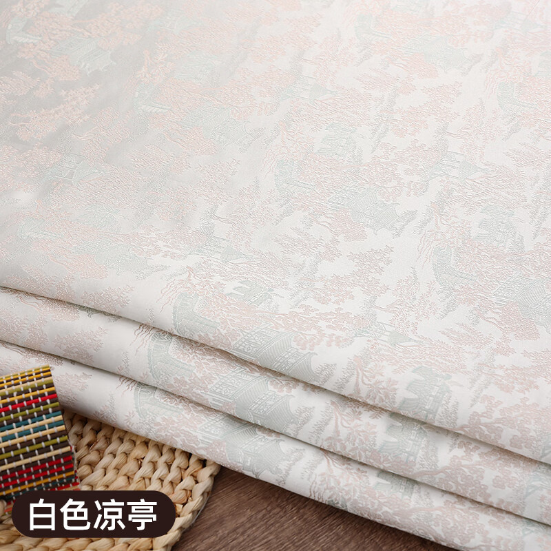 合彩美新中式织金织锦缎布料国风古装汉服童装和服布料旗袍服装绸缎面料 白色凉亭/半米价