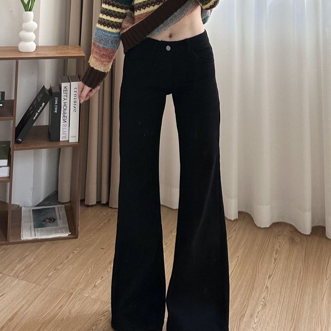 美式黑色微喇牛仔裤女2025春秋百搭低腰不贴腿直筒微喇马蹄裤