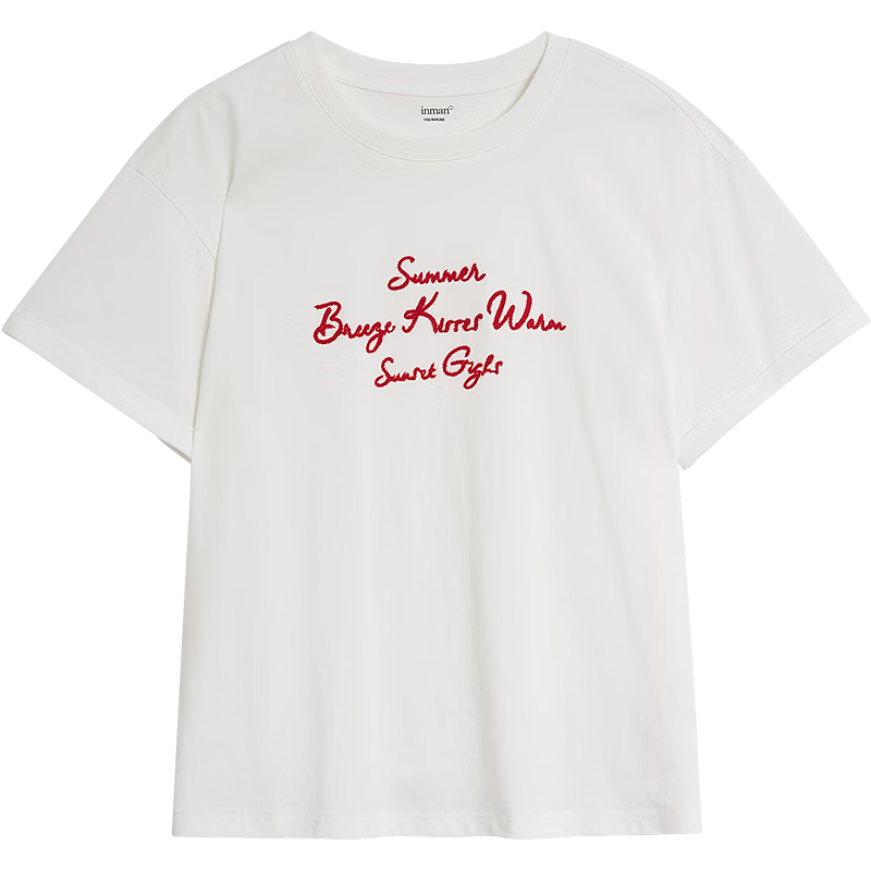 茵曼（INMAN）重工字母绣花圆领T恤2026春季女装休闲百搭显瘦短袖上衣 珍珠白 S