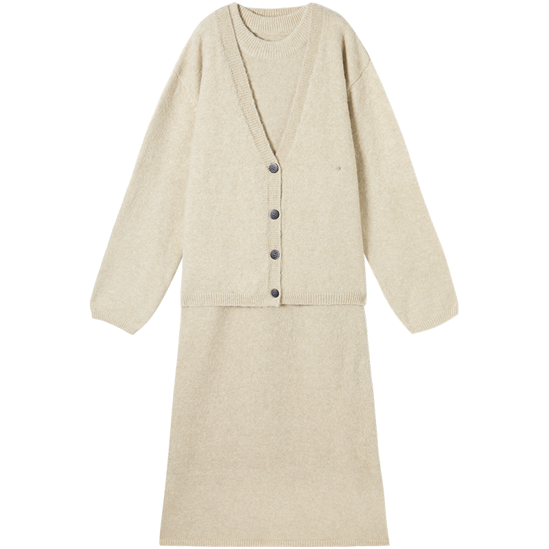 对白 【杜鹃同款】秋冬针织外套背心裙连衣裙两件套女式套装