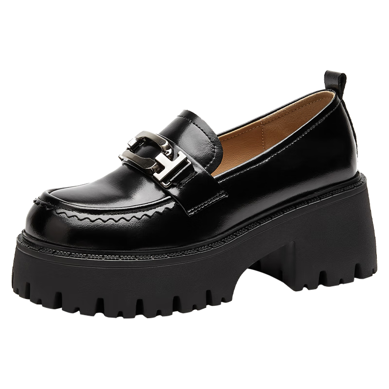 星期六一脚蹬乐福鞋女黑色粗跟软底舒适通勤百搭高跟单鞋 黑色