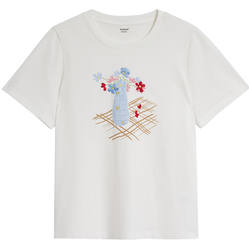 茵曼（INMAN）法式休闲立体刺绣圆领T恤2026春季女装微落肩宽松上衣 珍珠白 S