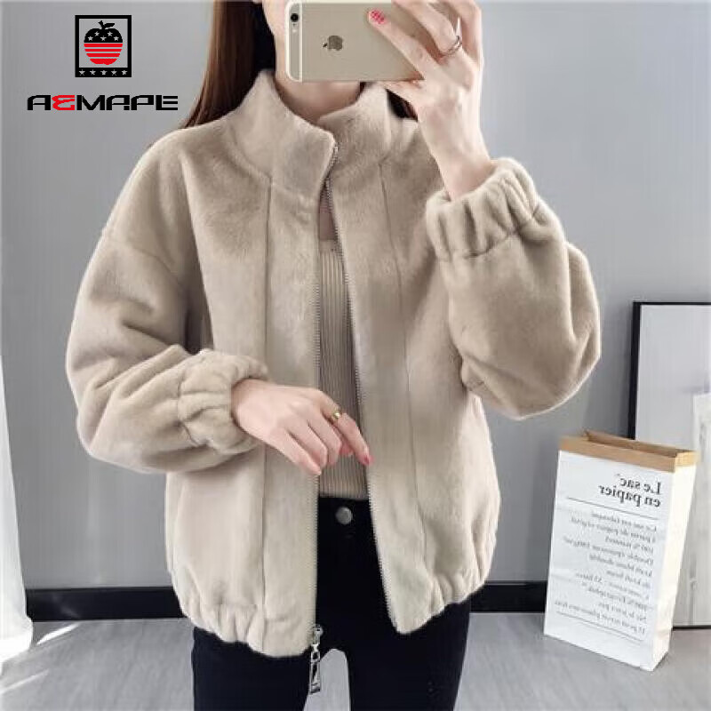 AEMAPE外套女2025春秋冬季新款时尚气质百搭皮毛一体女士短外套女上衣 浅咖色_【皮毛一体】