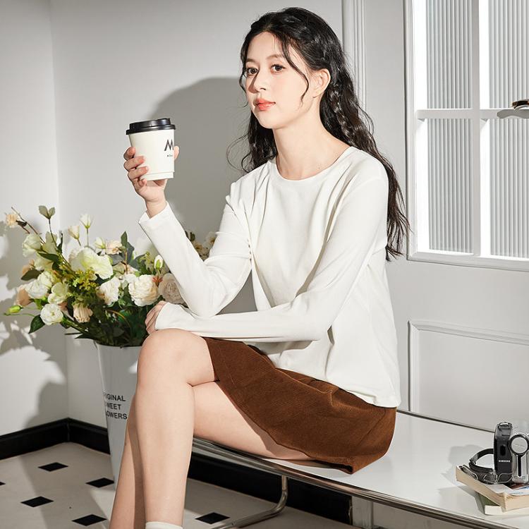 唐狮 打底衫女内搭高级感可外穿女圆领净色长袖打底衫女士打底衫春秋