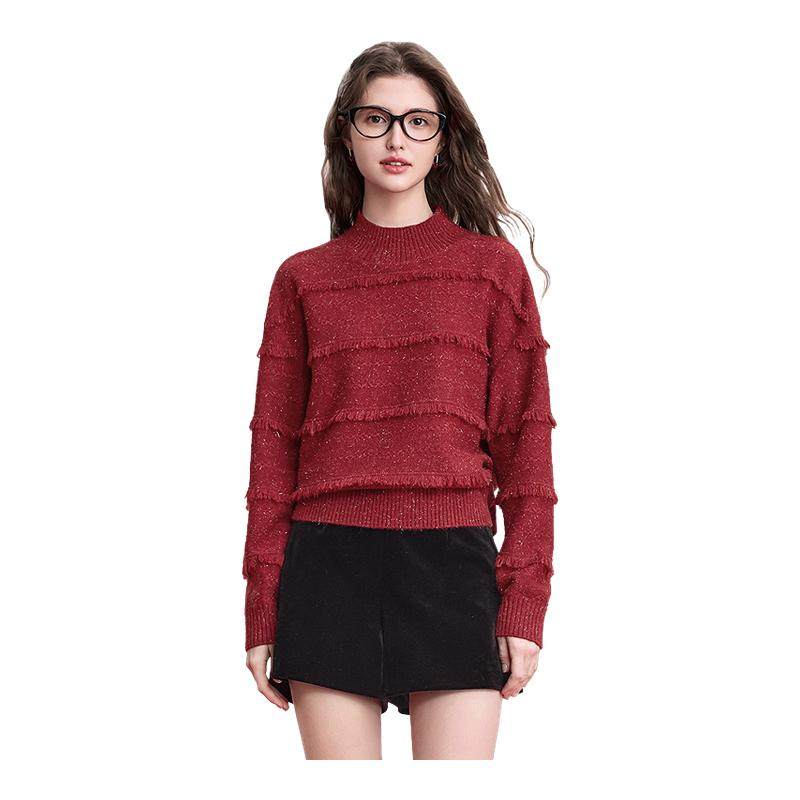 betu百图慵懒风高级感半高领毛衣女2025年冬季新年红色针织衫