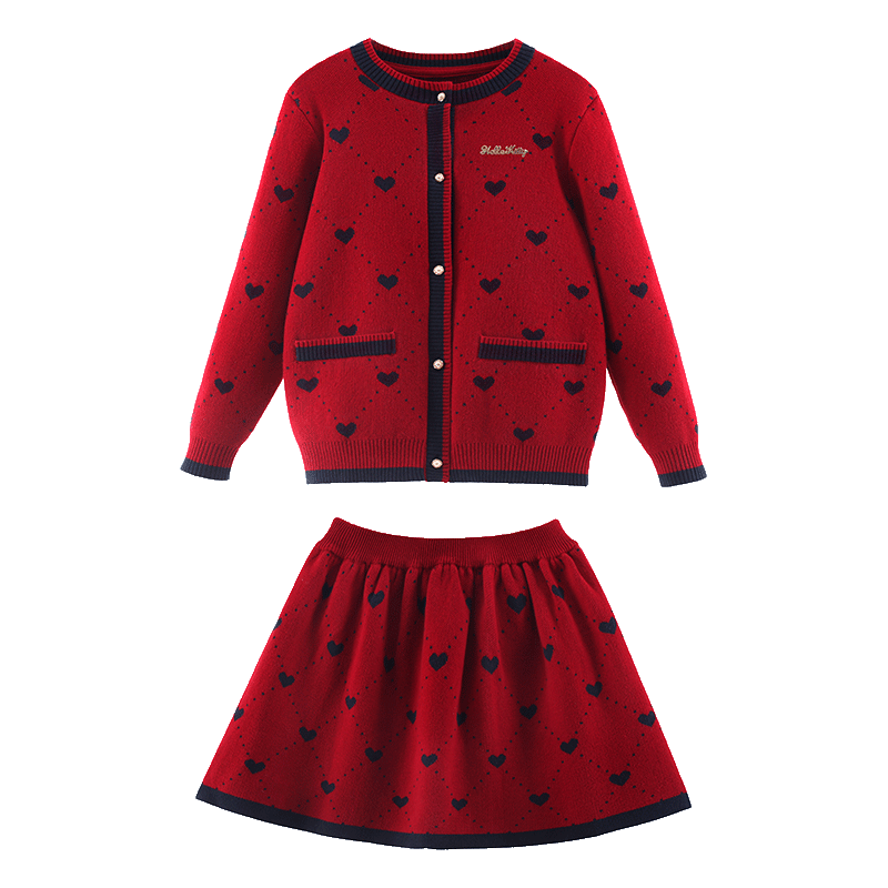 Hello Kitty女童套装儿童裙子红色拜年服毛衣秋冬厚大童新年装 18028红 1