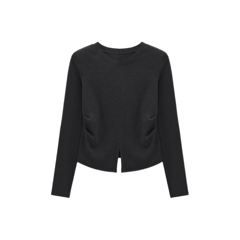 Basic House/百家好前襟分割下摆开叉设计秋冬修身显瘦T恤女