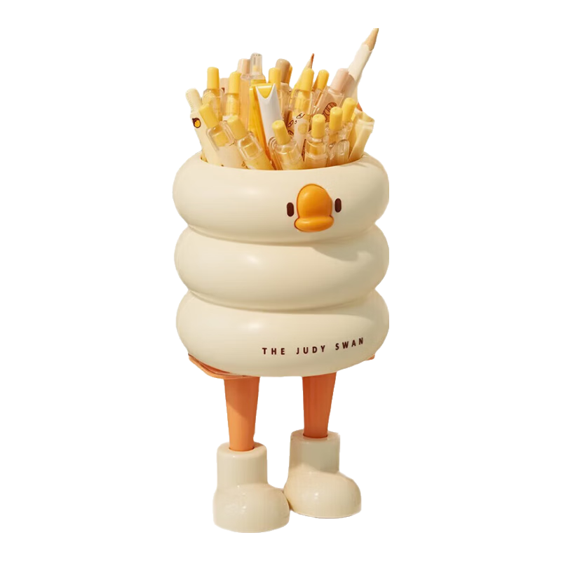 三年二班大容量笔筒收纳桶可爱小黄鸭笔筒化妆收纳桶办公室书房桌面女生多功能创意摆件置物架盒 JUDY笔筒+脚丫*2