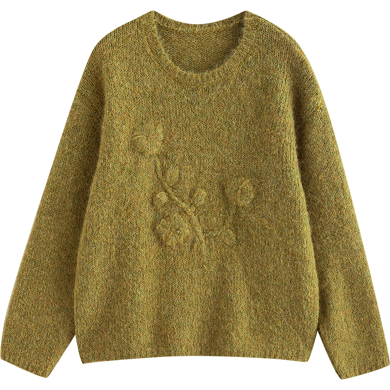 初语 【慵懒治愈】25唯品秋立体绒感花朵毛衣女含羊毛宽松亮色系上衣