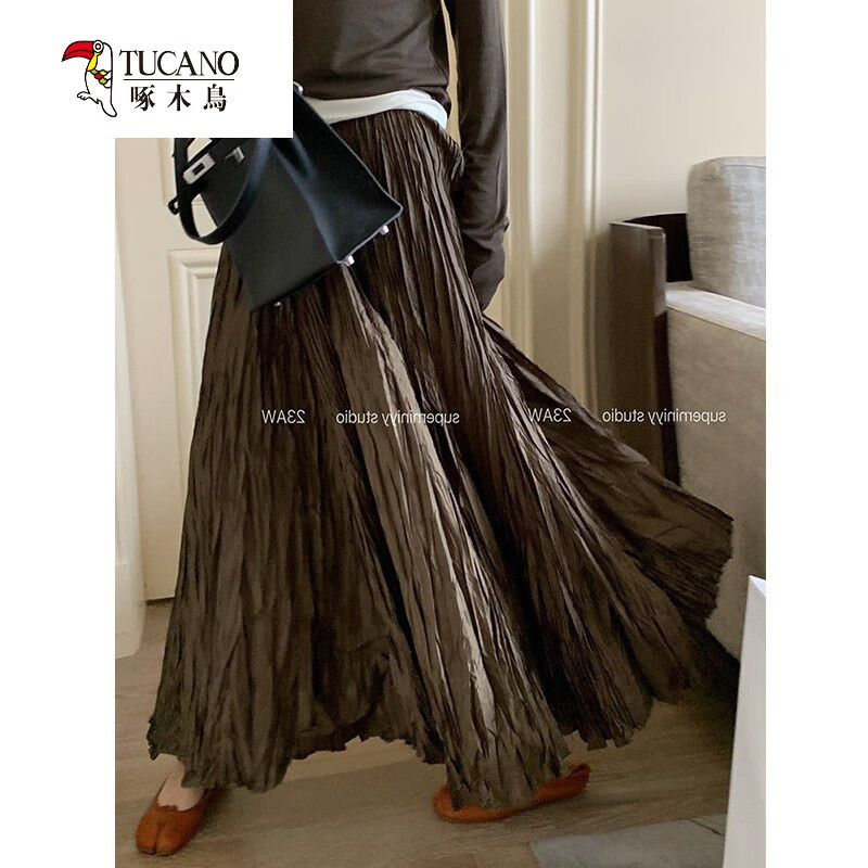 啄木鸟褶皱半身长裙女720度大摆裙不规则超长款拖地长裙百褶裙显瘦伞裙 金咖 均码