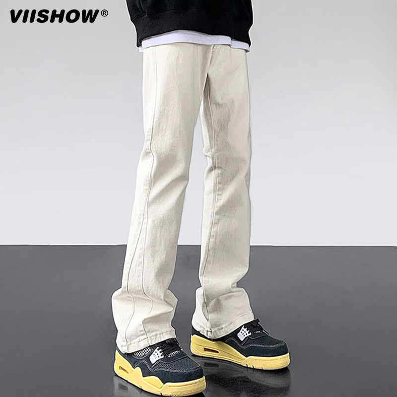 viishow休闲窄版牛仔裤男款美式高街cleanfit加长裤子时尚修身直筒微喇裤 白色 XL