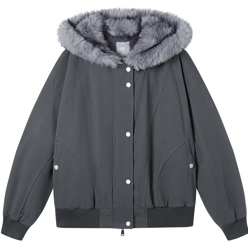 对白（DUIBAI）仿兔毛环保皮草外套女2025冬新款毛毛领连帽保暖短款宽松夹克