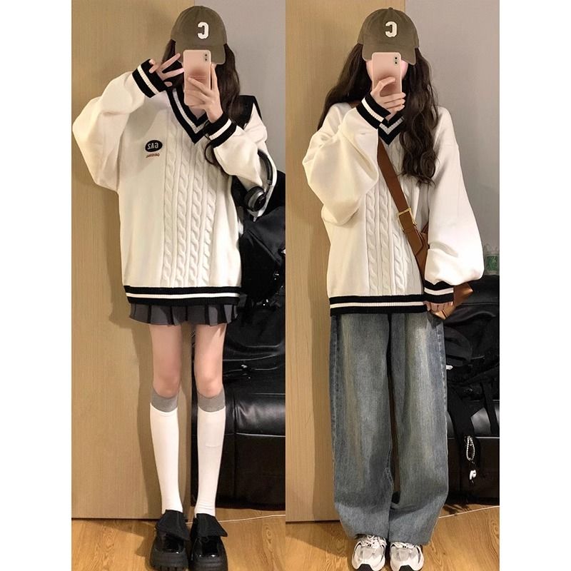 零柒零捌英伦学院风毛衣韩系小个子女V领2025秋冬针织上衣