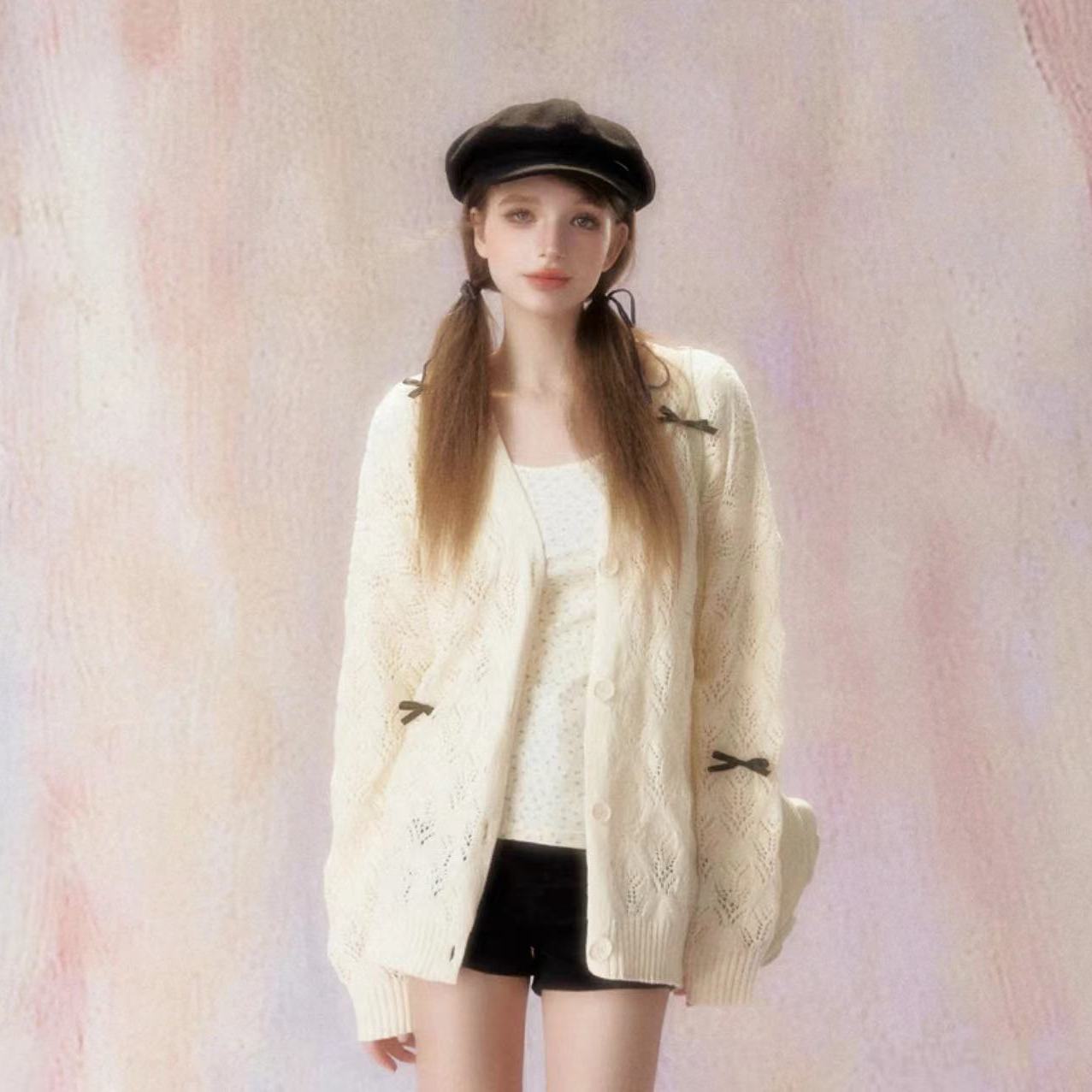 零柒零捌小香风镂空蝴蝶结白色夏季2025毛衣宽松针织上衣外套