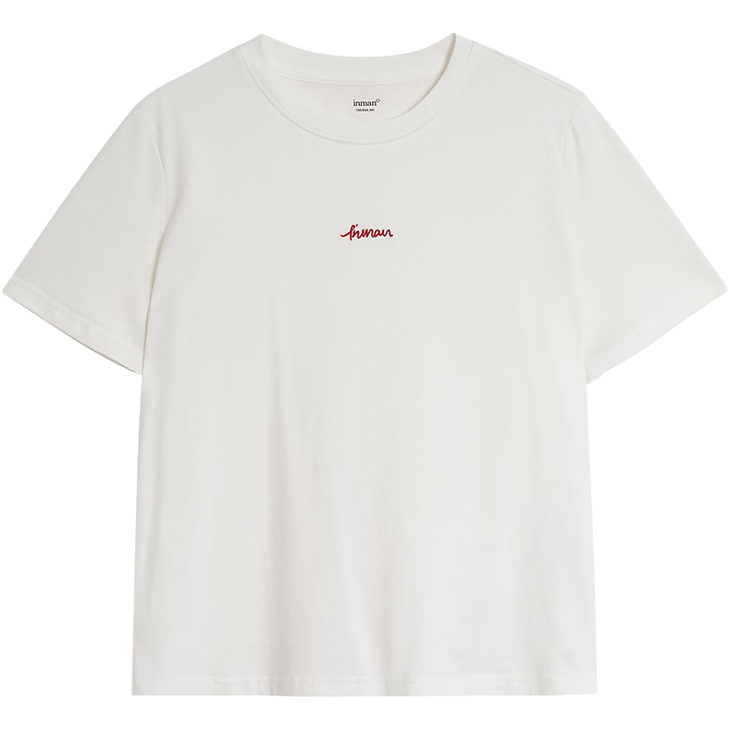 茵曼（INMAN）经典纯棉刺绣圆领短袖2026春季女装休闲百搭基础款T恤 珍珠白 S