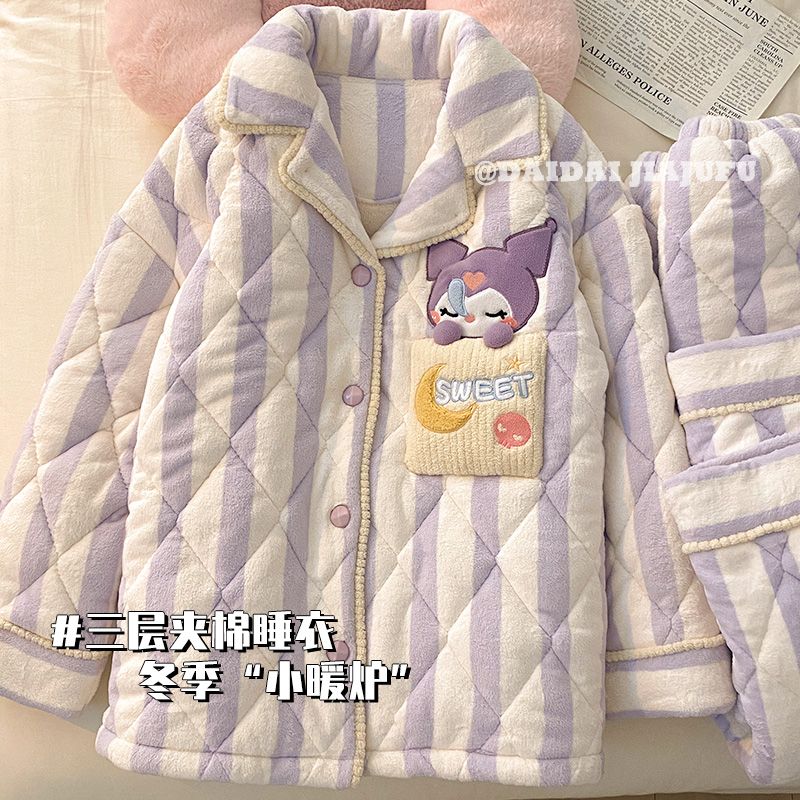 珊瑚绒睡衣女秋冬季保暖三层夹棉加绒加厚冬天女士家居服套装