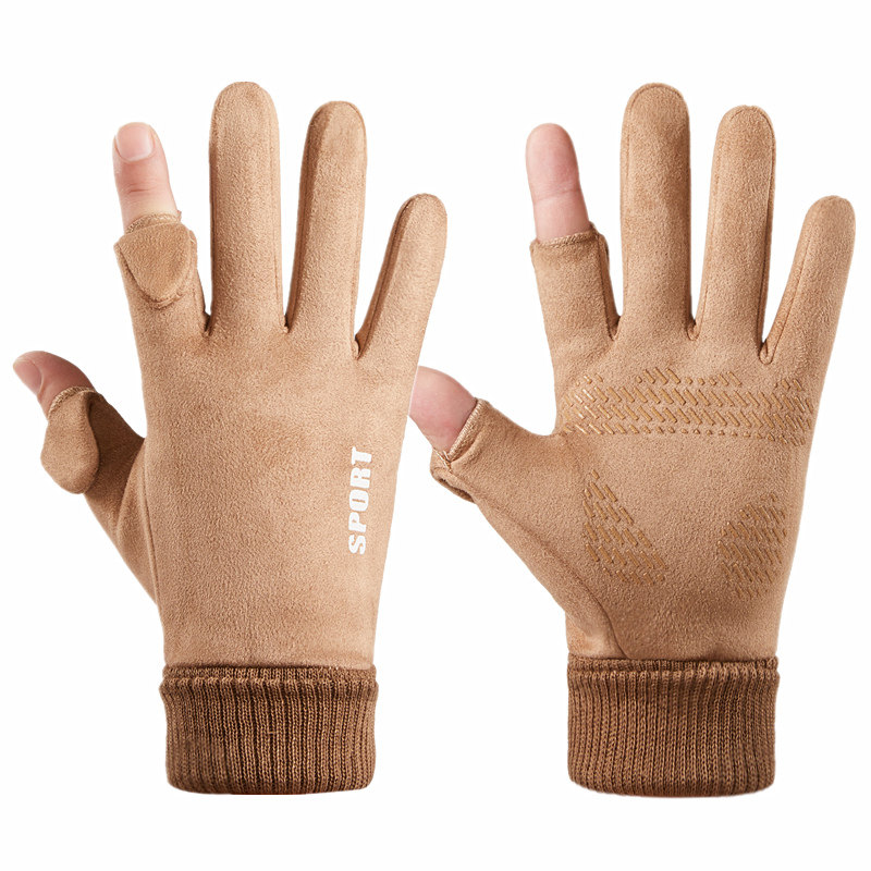 手套男冬季时尚防风加绒保暖触屏户外骑行开车摩托车外卖半指漏指 均码