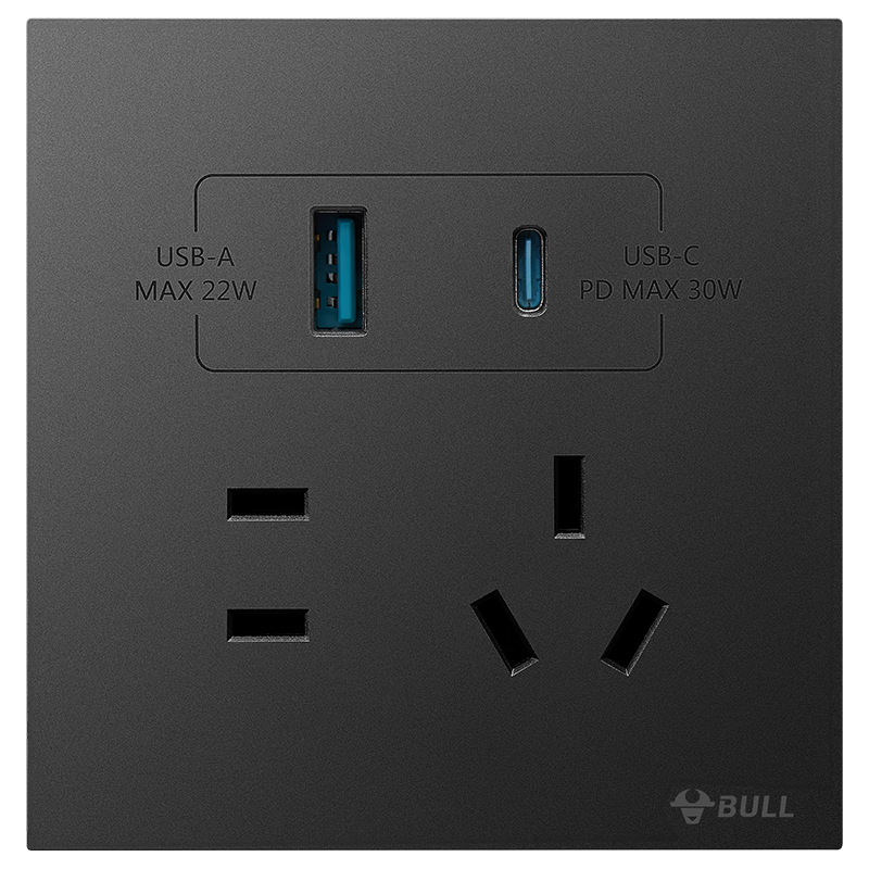 公牛（BULL）开关插座 G57蝶翼超薄五孔带USB+Type-C接口30w快充G57E537墨云灰