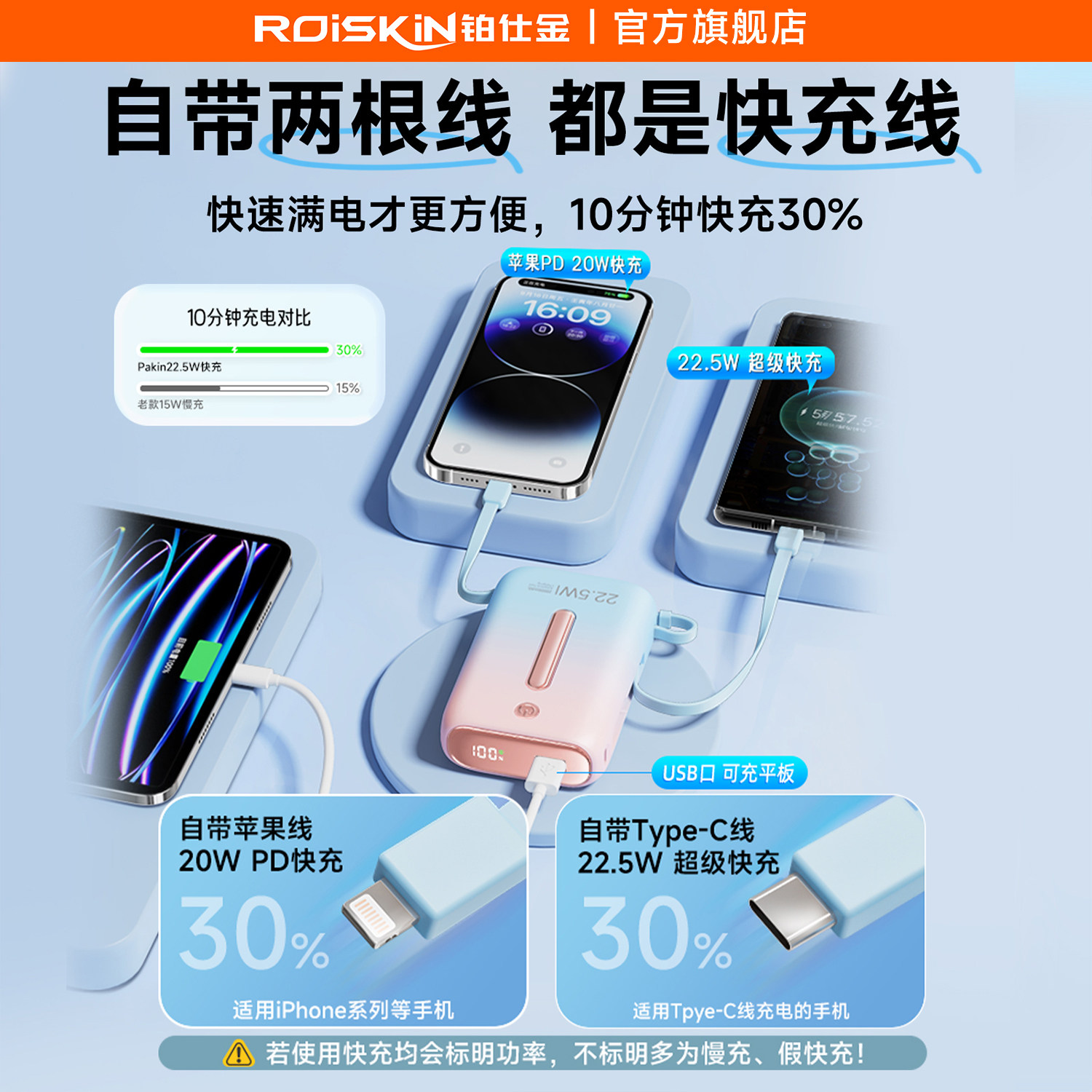 Roiskin魔棒充电宝20000毫安自带线三合一快充数据线超大容量适用iphone苹果15华为小米vivo三星OPPO移动电源