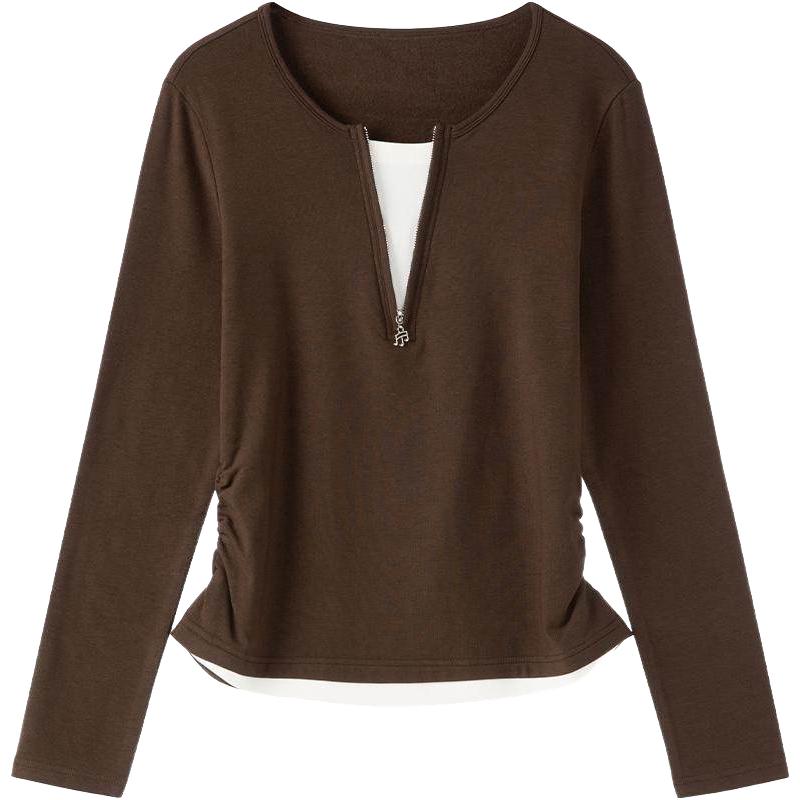 LAGOGO拼接掐腰打底T恤女拉谷谷2025冬季长袖上衣OCSS559A12