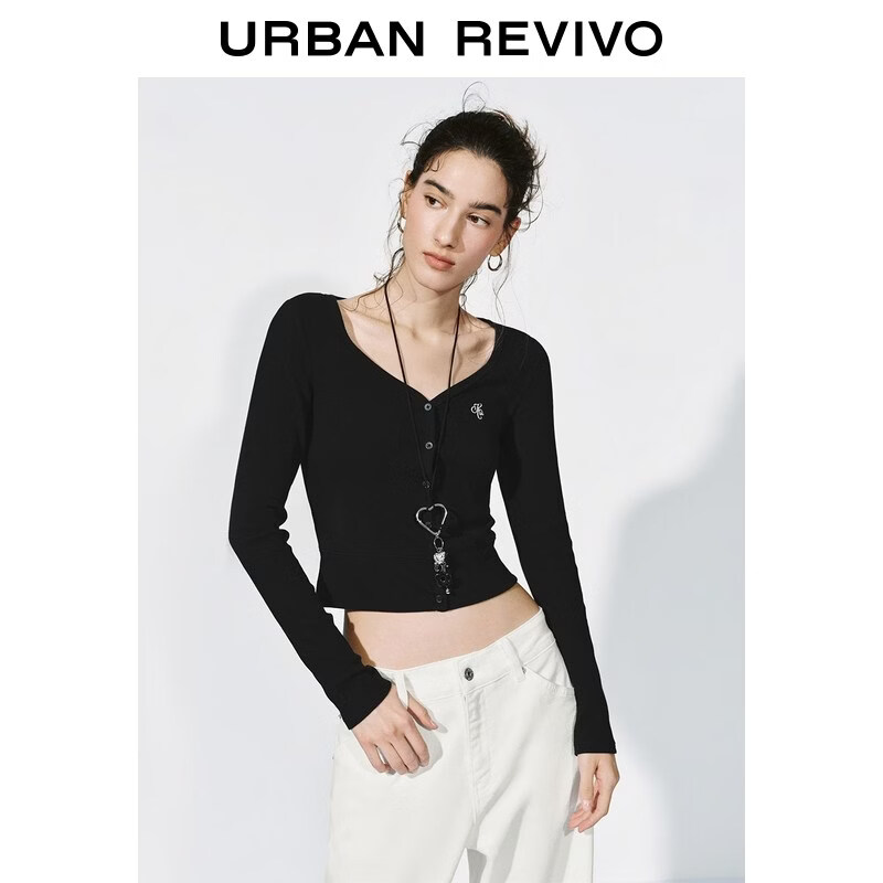 UR2026春季女装休闲格雷系刺绣修身短款T恤UYY460010 黑色 M