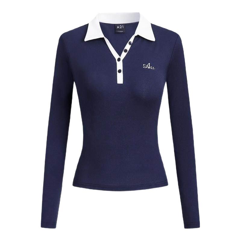 A21女装针织修身翻领半开筒长袖T恤收腰撞色弹力半开领打底衫上衣