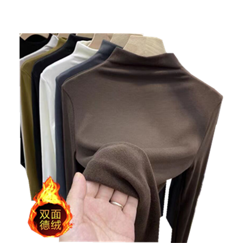 德绒半高领长袖打底衫女2026秋冬新款纯色加绒保暖纯色百搭秋衣女