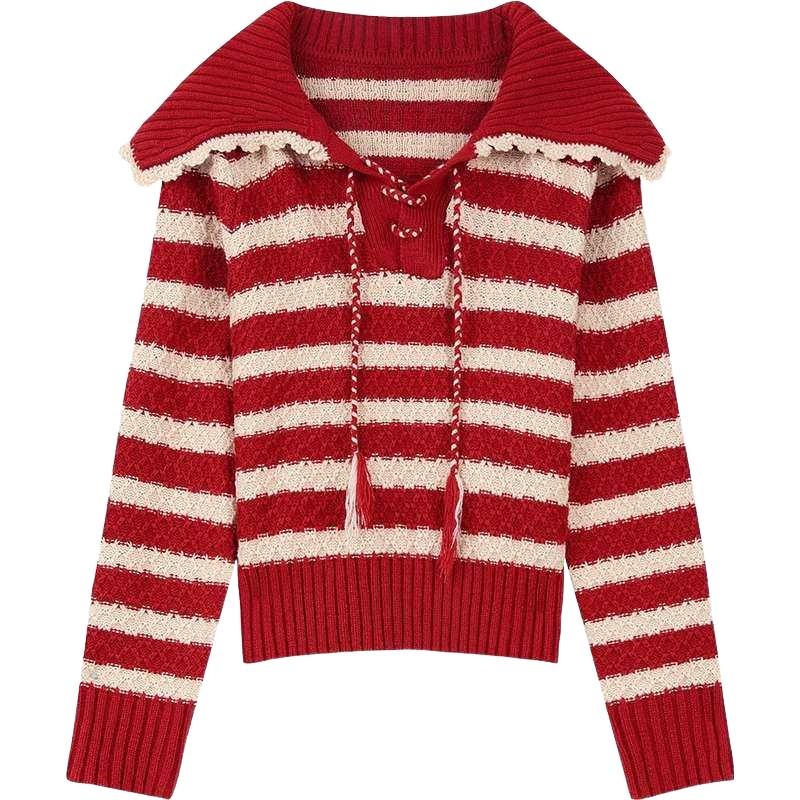 妖精的口袋红色条纹慵懒风毛衣女2025年冬季千金感新年穿搭